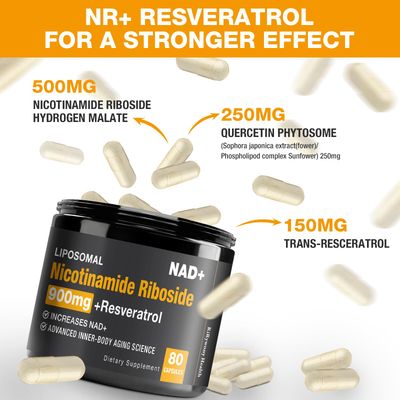 RiRywony Health NAD Supplement - NAD with Nicotinamide Riboside NR and Resveratrol Quercetin 900mg Pure Organic NAD Plus for Cellular Repair Healthy Aging Brain Function, 80 Capsules