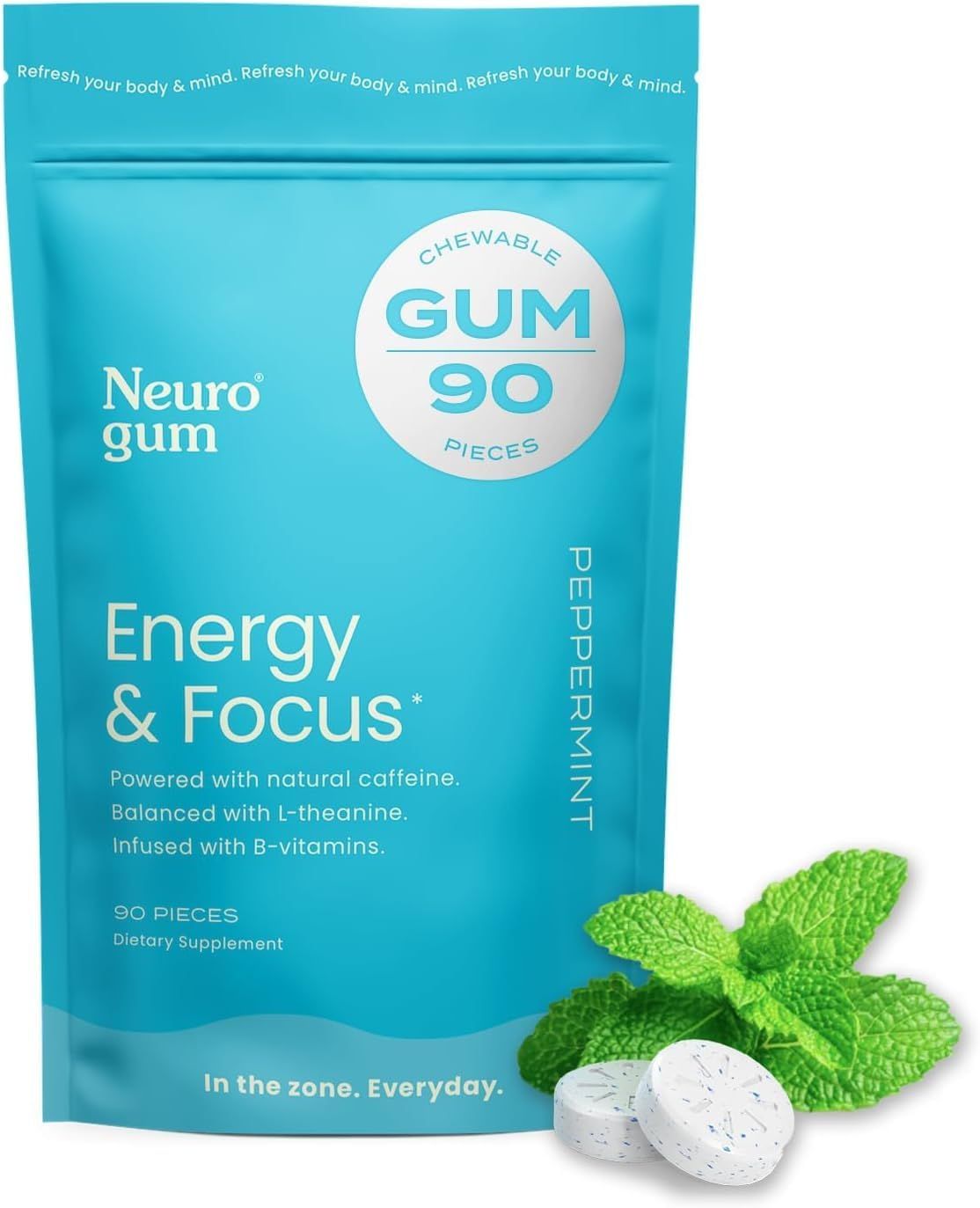 NeuroGum Energy Caffeine Gum 90 Pieces - Sugar Free with L-theanine Natural Caffeine Vitamin B12 B6 - Nootropic Energy Focus Supplement for Women Men - Keto Vegan, Peppermint Flavor