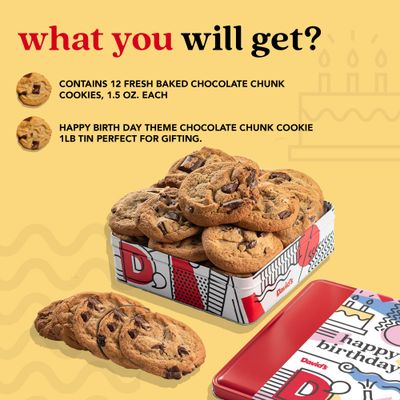 Davids Cookies Happy Birthday Chocolate Chunk Cookies Tin 1lb - Handmade and Fresh Baked Gourmet Cookie Gift Basket - Delectable Made with Premium Ingredients - Ideal Birthday Food Gift For All