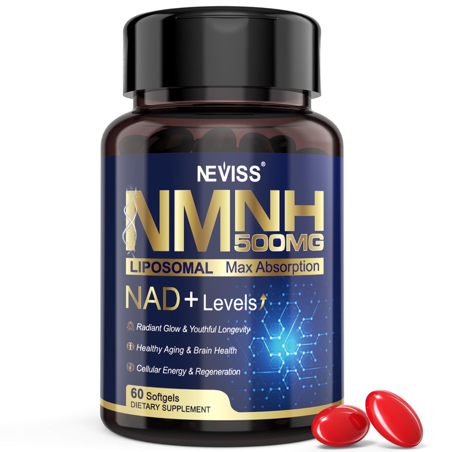 NMNH Liposomal 500mg - NAD Boost for Healthy Aging, NR Supplement Alternative with Niacinamide, Curcumin, Piperine, Betaine Anhydrous for Cellular Energy, Skin Radiance Vitality, 60 Softgels