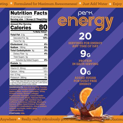 Perk Energy Original Chocolate Orange Flavored (20 Servings) - Gluten Free, Soy Free and Peanut Free.