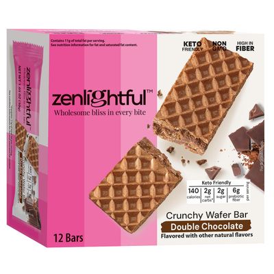 Zenlightful Double Chocolate Keto Bars, Low Carb 2 net carbs, Low Sugar 2g, High Fiber, Non-GMO, Vegetarian, Healthy Snacks, Delicious Crunchy Wafer Cookies with Decadent Creamy Filling, 12 Count
