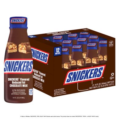 SNICKERS Chocolate Milk - Packed with the flavors of roasted peanuts, nougat, caramel and milk chocolate. Pack of 12, 14 oz Bottles
