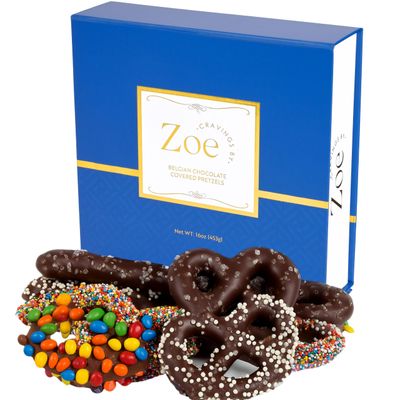 CRAVINGS BY ZOE Easter Chocolate Covered Pretzels Gift Box 1 lb. Gourmet Kosher Milk Dark Belgian Chocolate Candy Food Gift Bag Basket Birthday, Mothers Day, Thank You Men Women Mom Him Her