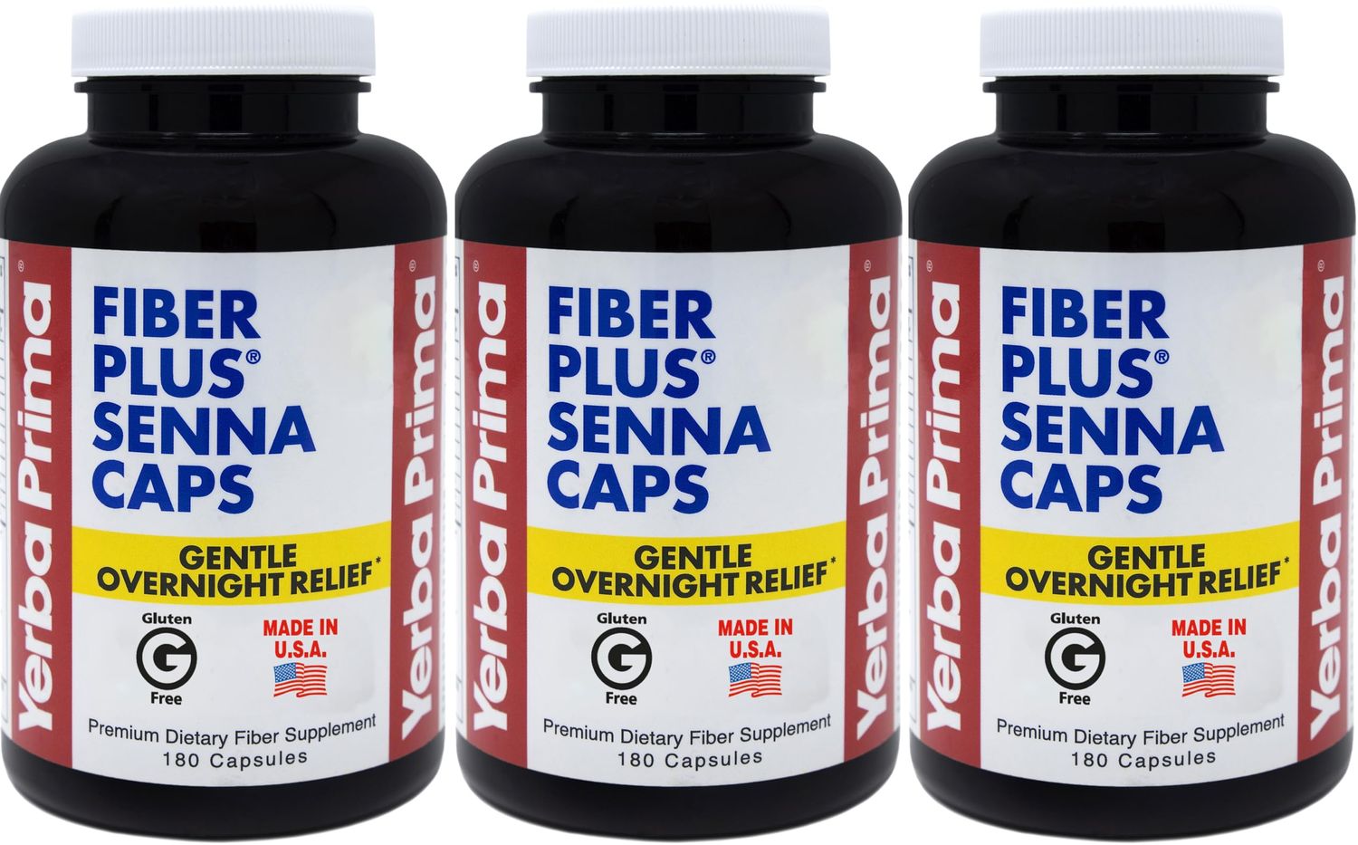 Yerba Prima Fiber Plus Senna Capsules, 180 Count Pack of 3 - 118 Servings of Gentle Overnight Relief, USA Made, Non-GMO, for Short-Term Use to Restore Regularity