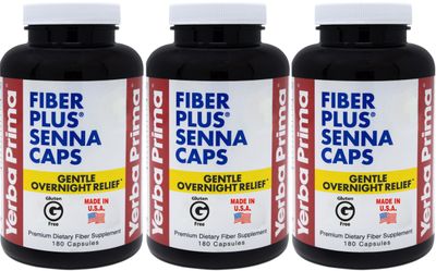 Yerba Prima Fiber Plus Senna Capsules, 180 Count Pack of 3 - 118 Servings of Gentle Overnight Relief, USA Made, Non-GMO, for Short-Term Use to Restore Regularity