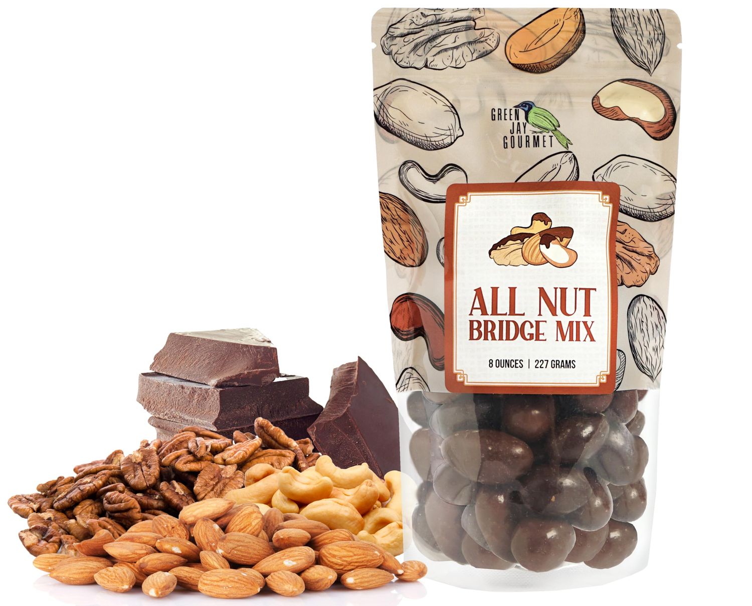 Green Jay Gourmet Chocolate Covered Pecans, Almonds, Cashews, and Brazil Nuts Mix, Premium Chocolate Candy Snacks for Kids and Adults, Quality Handmade Holiday Chocolate Gifts - 8 Ounce Resealable Bag
