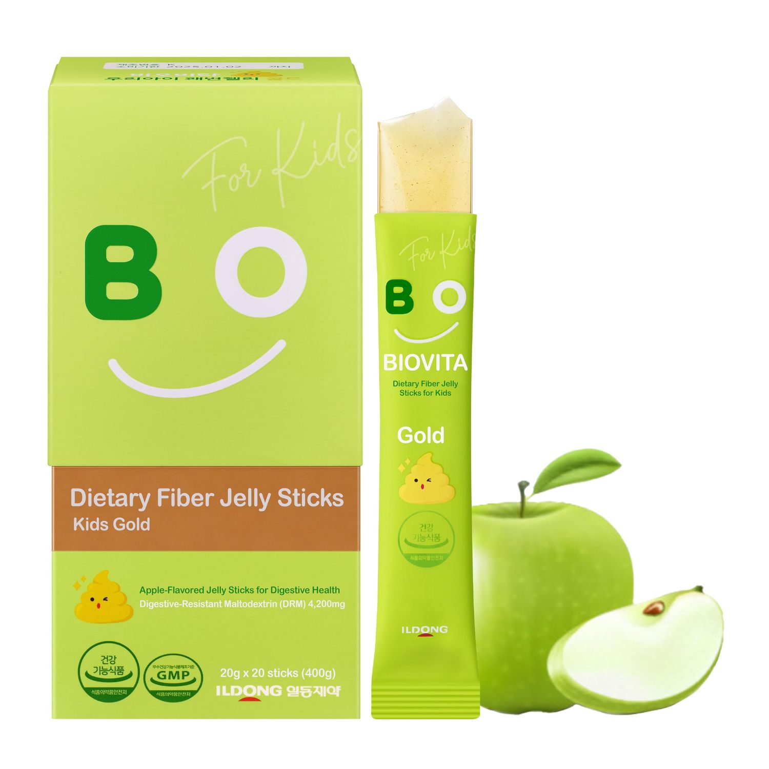 BIOVITA Kids Fiber Jelly 20 Sticks - 100 Plant-Based Soluble Fiber 4,200mg, Comfortable Bowel Movement Constipation Relief for Children. Organic Apple Juice, Vegetable Powder.