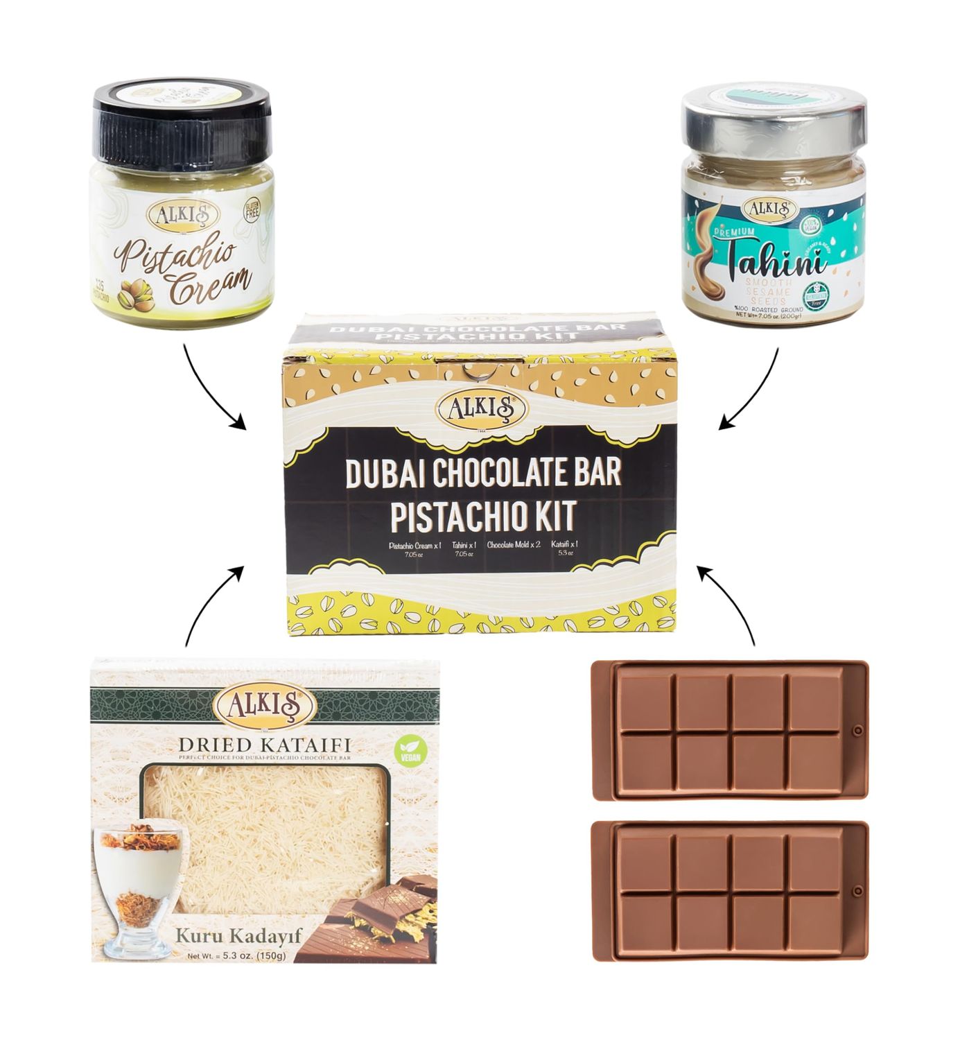 Alkis Dubai Chocolate Bar Pistachio Kit Does Not Contain Chocolate Bundle with 4 items : Pistachio Cream, Kataifi, Tahini, Silicone Chocolate Bar Molds Makes 4 Bars