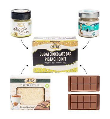 Alkis Dubai Chocolate Bar Pistachio Kit Does Not Contain Chocolate Bundle with 4 items : Pistachio Cream, Kataifi, Tahini, Silicone Chocolate Bar Molds Makes 4 Bars