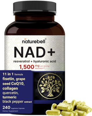 NatureBell NAD 1,500mg Per Serving, 240 Veggie Capsules 10-in-1 Complex with Resveratrol Plus Hyaluronic Acid, Quercetin, Fisetin, Collagen, More - Nicotinamide Supplement - Non-GMO