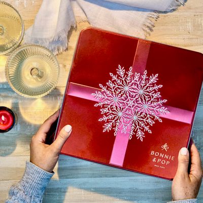 Bonnie and Pops Holiday Tin- with Assorted Christmas Chocolate, Nuts, Bark, Truffles - Festive, Corporate, Family, Gift Basket Idea for Men and Women