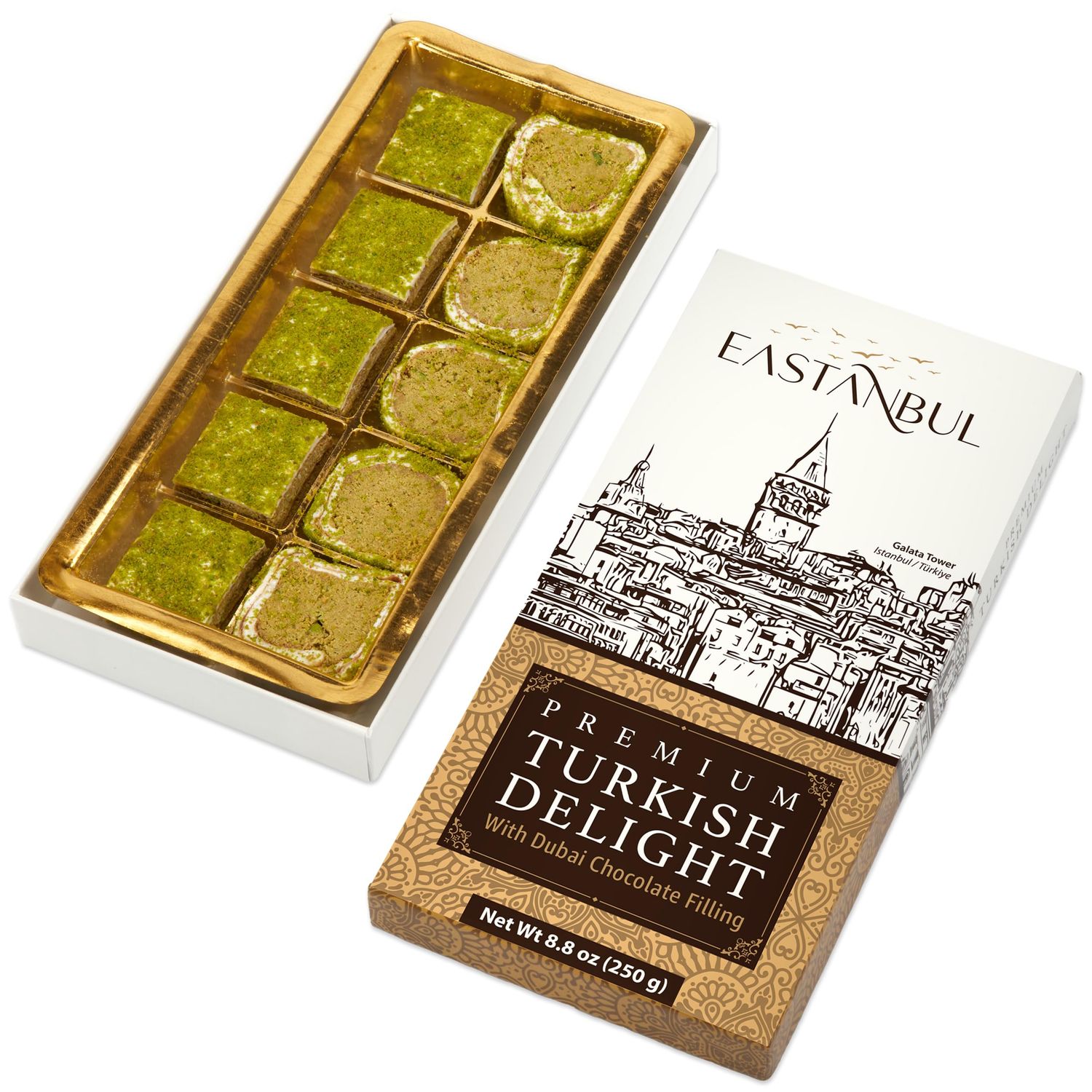 Eastanbul Premium Turkish Delight with Dubai Chocolate Filling, 8.8oz, Turkish Delights Pistachio, Lokum, Pistachio Turkish Delight Candy Gift Box
