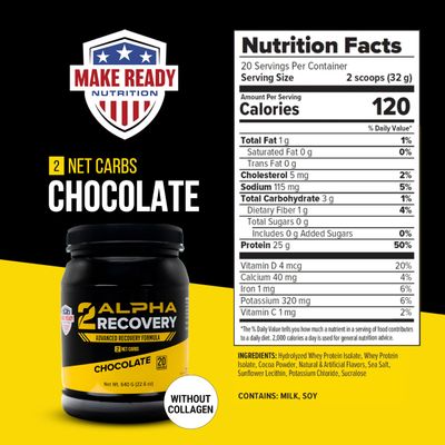 2ALPHA Recovery Chocolate - Protein Shake with Hydrolyzed Whey Isolate and Essential Nutrients for Shooters, 25g Protein for Muscle Recovery - 640g