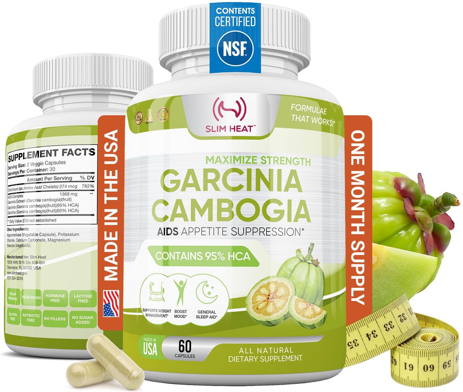 Slim Heat 100 Pure Garcinia Cambogia Extract with 95 HCA - Manage Food Cravings - Best Carb Blocker for Women Men - Max Strength Garcinia Cambogia Raw Diet Pills Made in USA - 60 Veggie Capsules