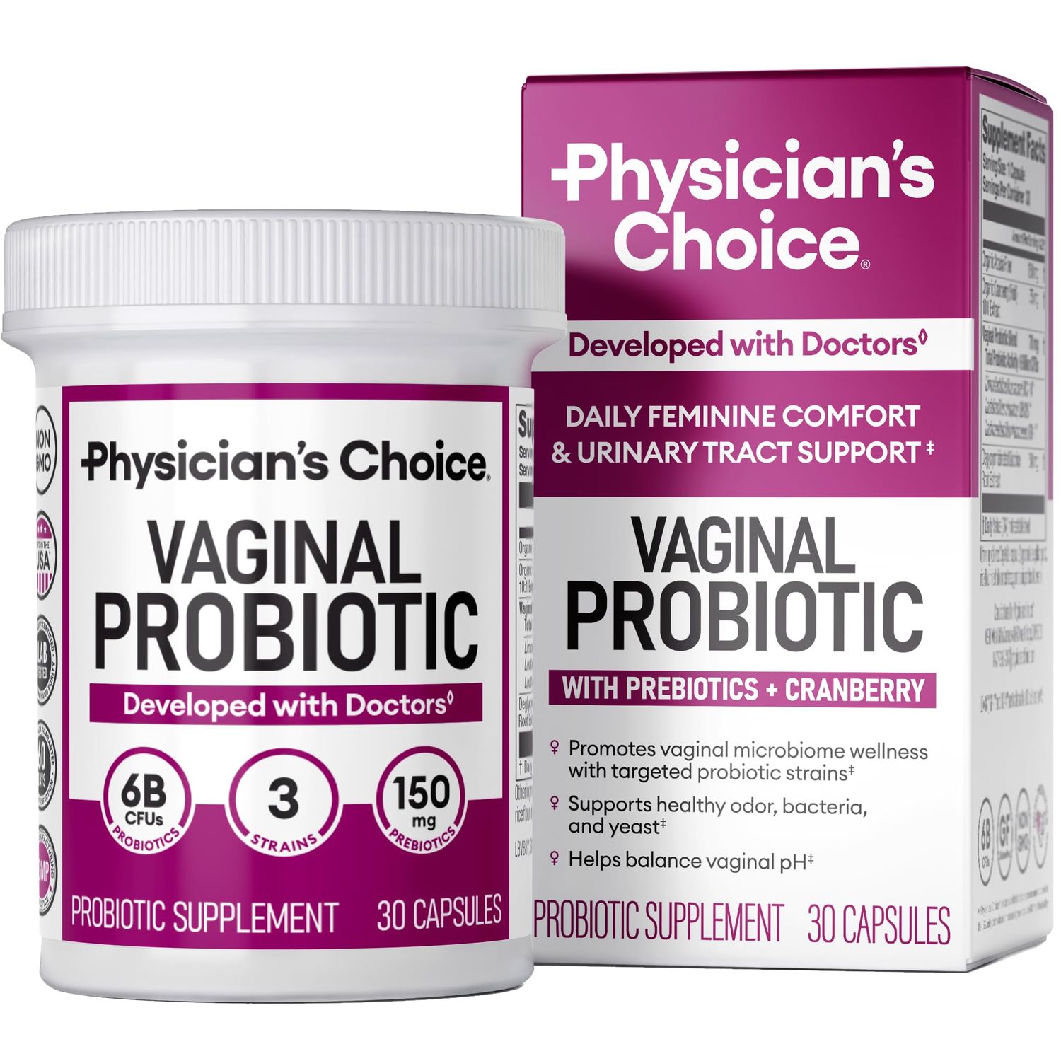 Physicians CHOICE Vaginal Probiotics for Women - pH Balance, Odor Control, Yeast Balance, Vaginal Flora Feminine Health - 6B CFU with Organic Prebiotics and Cranberry Extract - 30 CT
