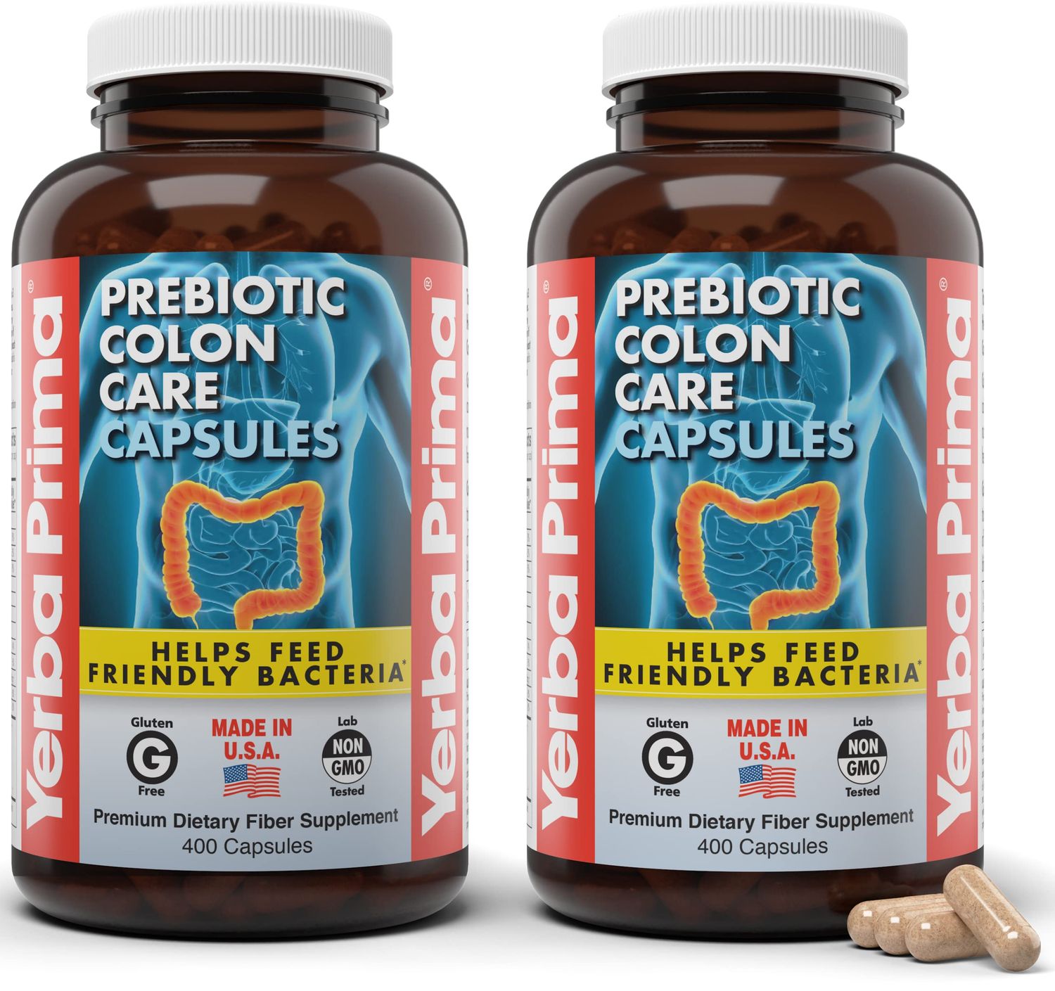 Yerba Prima Prebiotic Colon Care Capsules, 400 Caps Pack of 2 - Five Forms of Dietary Fiber Supplement - Healthy Soluble Insoluble Fibers for Regularity Digestive Support