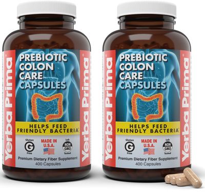 Yerba Prima Prebiotic Colon Care Capsules, 400 Caps Pack of 2 - Five Forms of Dietary Fiber Supplement - Healthy Soluble Insoluble Fibers for Regularity Digestive Support