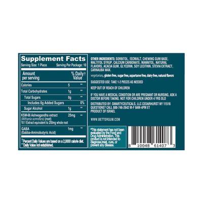 AshwaGum RELAX Gum by BetterGum, High Potency Supplement with KSM 66 Ashwagandha and Gaba, Supports Stress and Tension Relief, Alternative to Gummies, Sugar-Free, 10 Pieces - 6 Pack