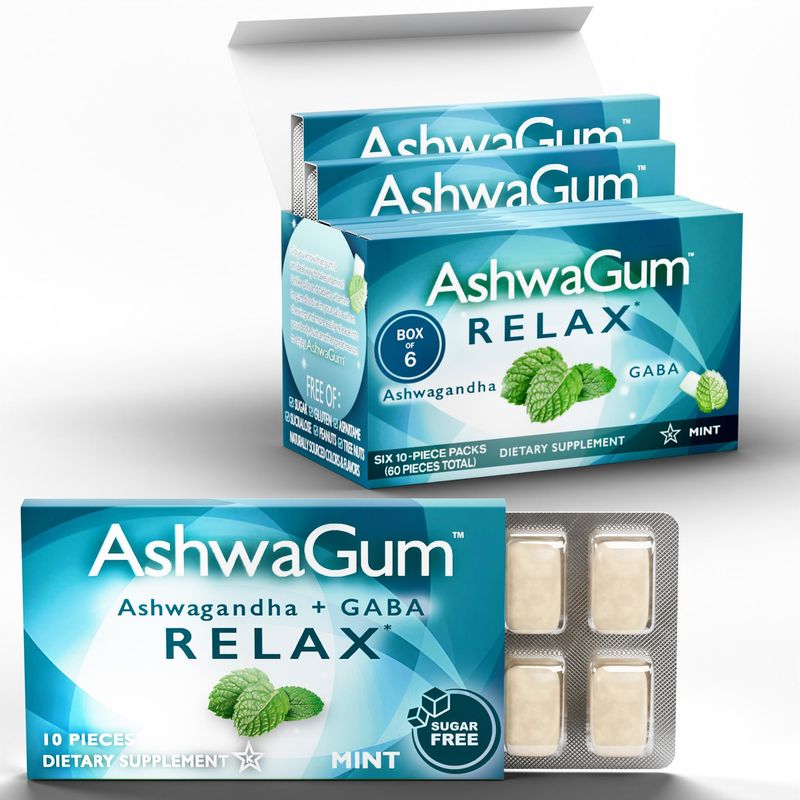 AshwaGum RELAX Gum by BetterGum, High Potency Supplement with KSM 66 Ashwagandha and Gaba, Supports Stress and Tension Relief, Alternative to Gummies, Sugar-Free, 10 Pieces - 6 Pack