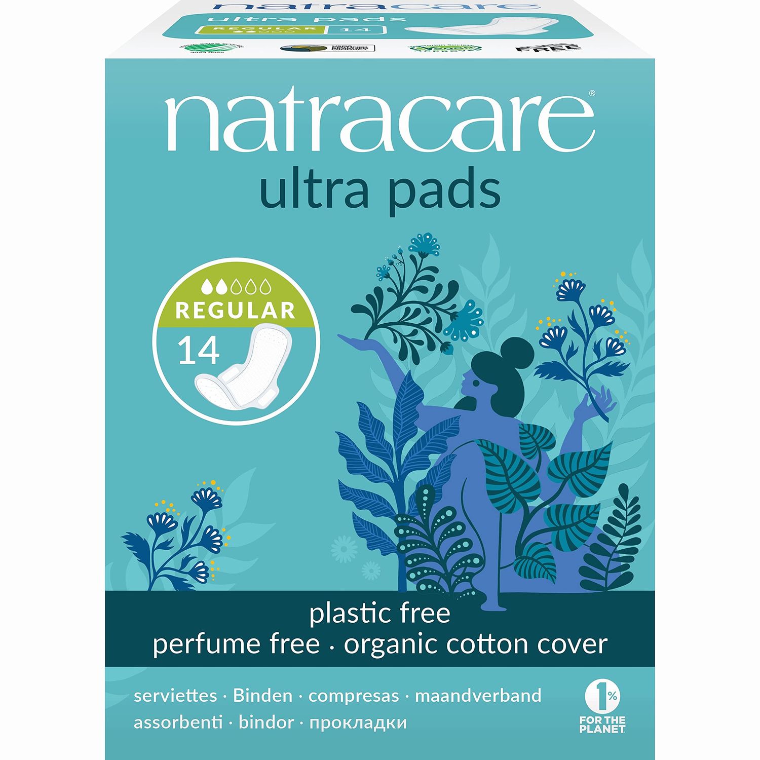 Natracare Slim Fitting Ultra Pads with Wings, Regular, Made with Certified Organic Cotton, Ecologically Certified Cellulose Pulp and Plant Starch 12 Pack, 168 Pads Total
