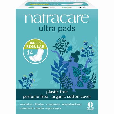 Natracare Slim Fitting Ultra Pads with Wings, Regular, Made with Certified Organic Cotton, Ecologically Certified Cellulose Pulp and Plant Starch 12 Pack, 168 Pads Total