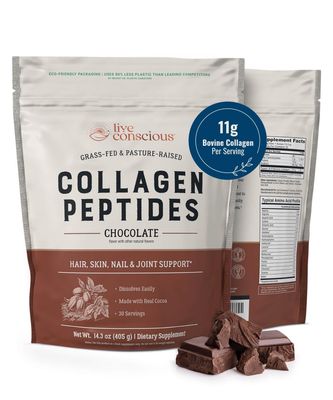 Live Conscious Collagen Peptides Powder - Chocolate Collagen Powder - Hair, Skin, Nail, and Joint Support - Type I III Grass-Fed Collagen Supplements for Women and Men - 30 Servings - 14.3oz