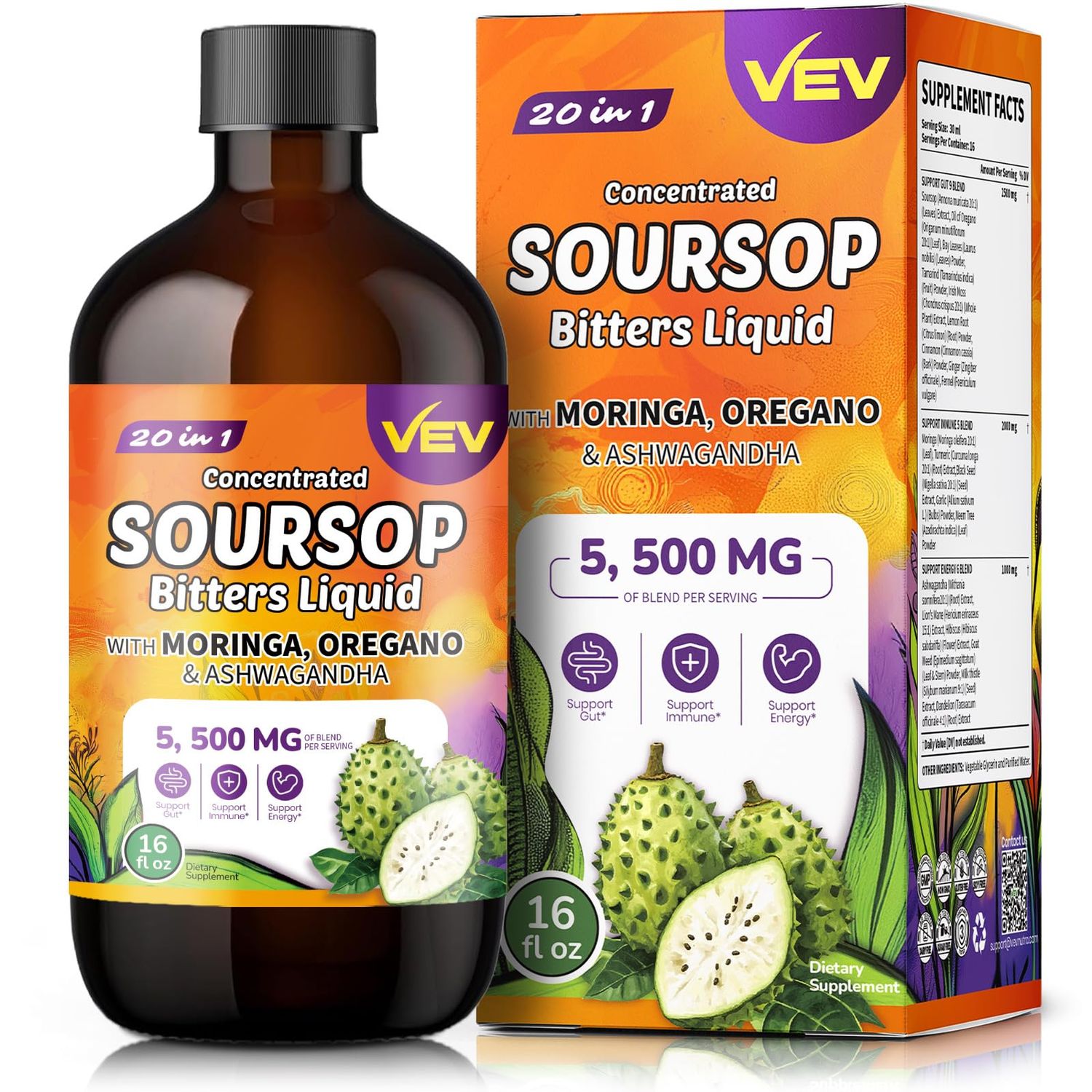 VEV Soursop Graviola Bitters Liquid Extract, 16 Fl Oz, 20 in 1, with Moringa, Oregano, Stress Relief, Sleep Support, Digestive Health, Natural Flavor