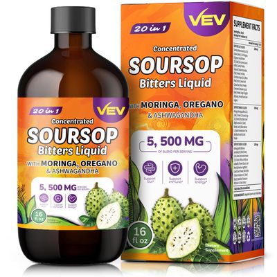 VEV Soursop Graviola Bitters Liquid Extract, 16 Fl Oz, 20 in 1, with Moringa, Oregano, Stress Relief, Sleep Support, Digestive Health, Natural Flavor