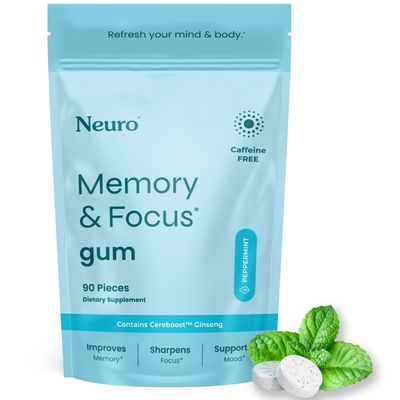Neuro Memory Focus Gum 90 Pieces - Decaf Sugar Free with American Ginseng, L theanine, Vitamin B12 Vitamin B6 for Mental Alertness - Brain Supplements for Memory and Focus - Peppermint Flavor