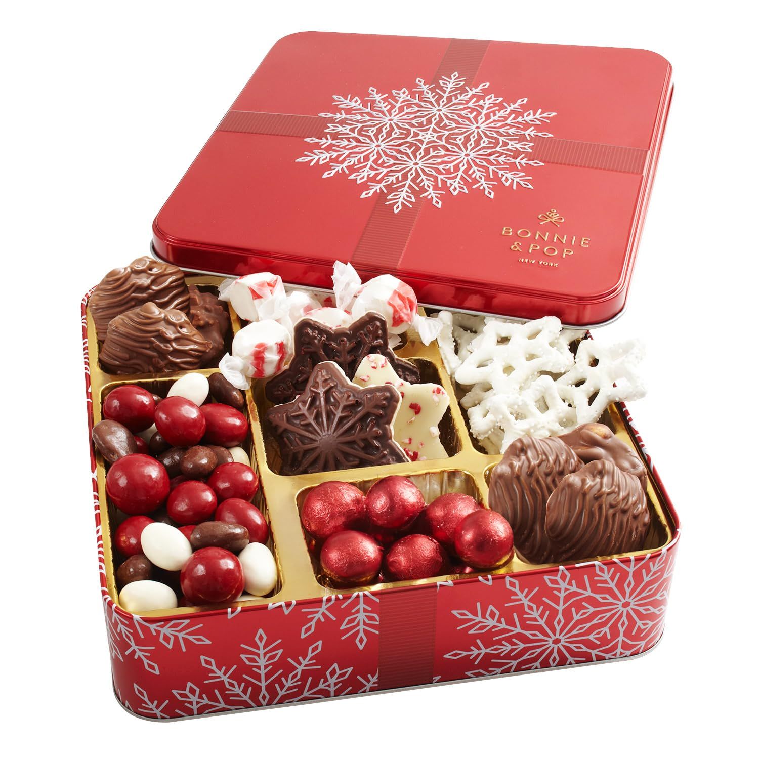 Bonnie and Pops Holiday Tin- with Assorted Christmas Chocolate, Nuts, Bark, Truffles - Festive, Corporate, Family, Gift Basket Idea for Men and Women