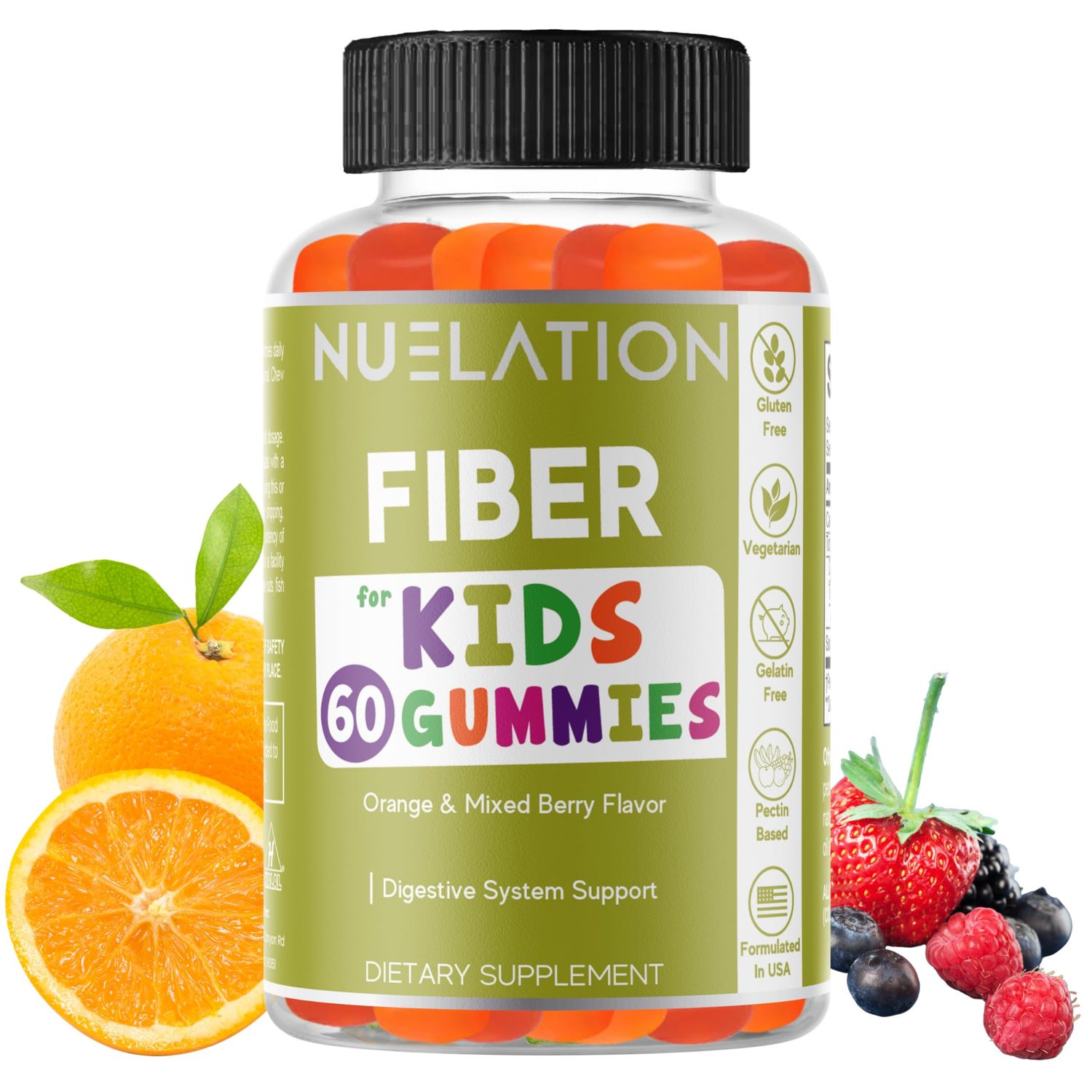 NUELATION Fiber Gummies for Kids - 60 Count - Vegetarian, Gluten Free, Gelatin Free, Fiber Supplement for Kids - Prebiotic Fiber for Kids to Support Digestion, Bowel Movement Immune Health