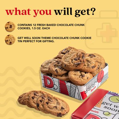 Davids Cookies Get Well Soon Chocolate Chunk Cookies Tin 1lb - Handmade Fresh Baked Gourmet Cookie Gift Basket - Delectable Made with Premium Ingredients - Thoughtful Care Package for Loved Ones