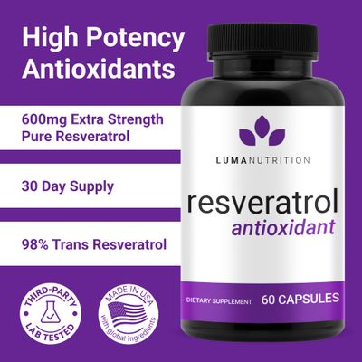 Luma Nutrition High Purity Resveratrol Supplement 1200mg Serving - 98 Trans-Resveratrol - Antioxidant - Vegan Gluten-Free - 60 Capsules