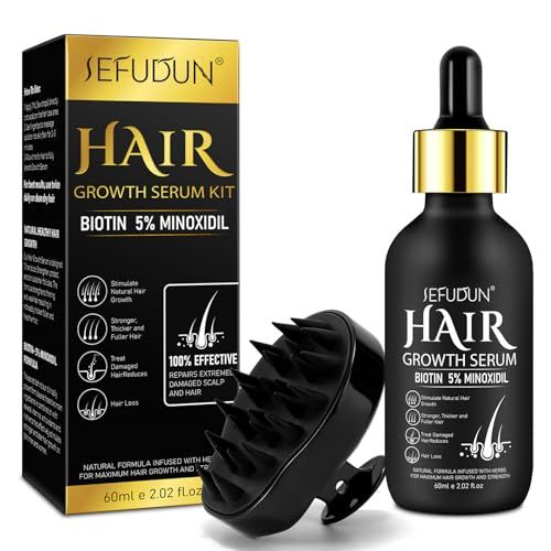 5 Minoxidil for Men and Women Hair Serum with Massager Brush, Biotin Hair Growth Serum Hair Regrowth Treatment for Scalp Hair Loss Thinning, Natural Hair Growth Oil for Thicker Longer Fuller Hair