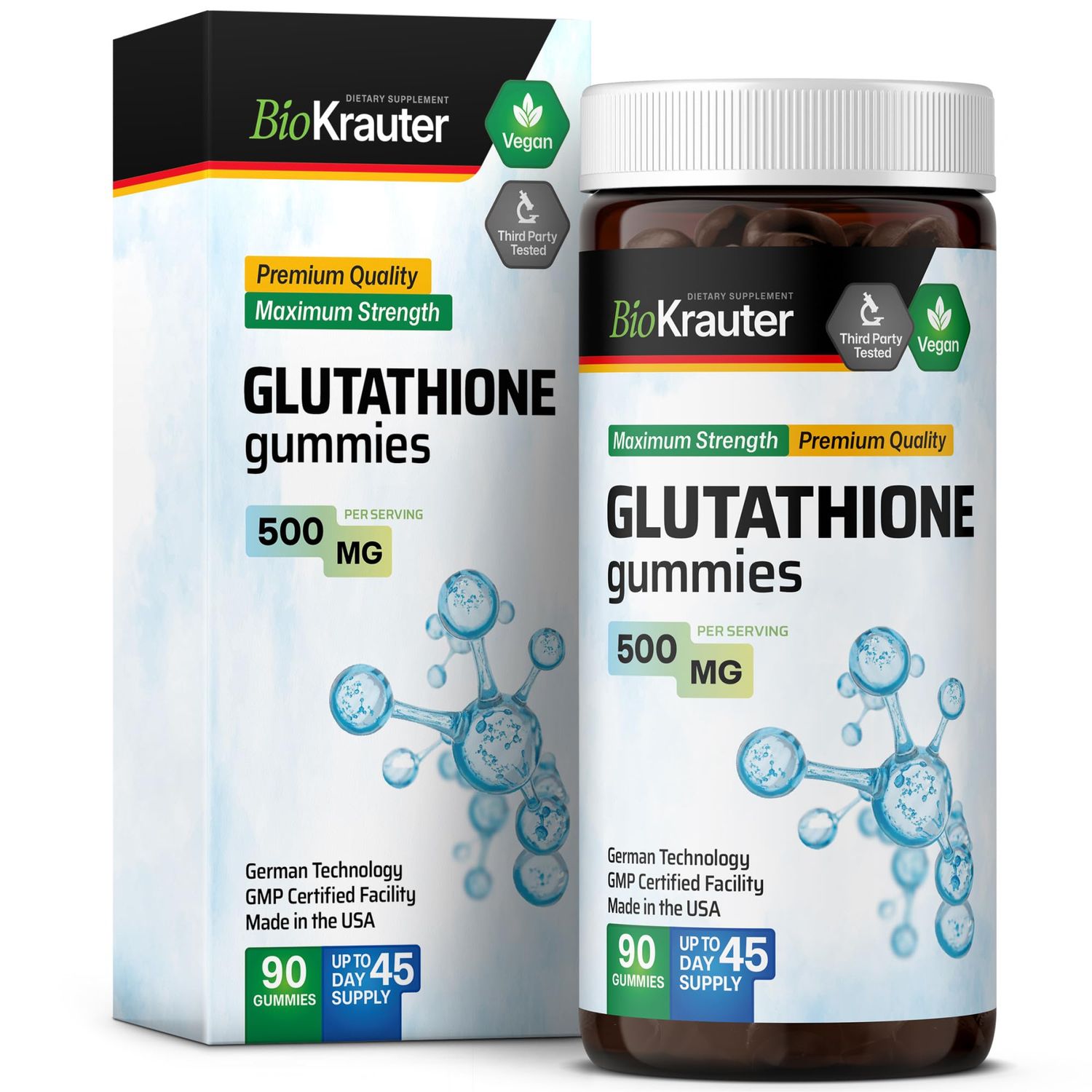 BIO KRAUTER L-Glutathione Gummies - 500 mg - 90 Vegan Chews - Reduced Glutathione Supplement for Liver Detox, Immune and Skin Support - Antioxidant Supplement