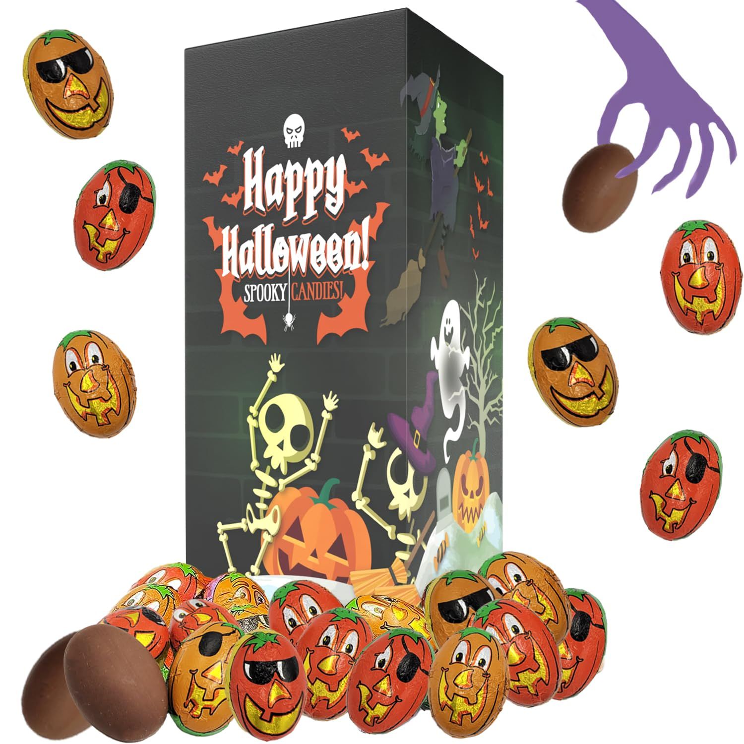 Fruidles Halloween Pumpkin Pals, Trick-Or-Treat Party Bag Fillers, Individually Wrapped in Multi-color Pumpkin Face Design Foils, Kosher Certified, Box 1 Pound