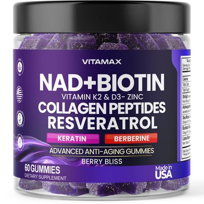 NAD, Resveratrol, Berberine, Biotin Anti-Aging Gummy - Hair, Skin, Nails Joint Supplement - Collagen Peptides, Keratin, Zinc, Vitamin K2 D3 Gummies -Regeneration- Non-GMO - Made in USA 60 Count