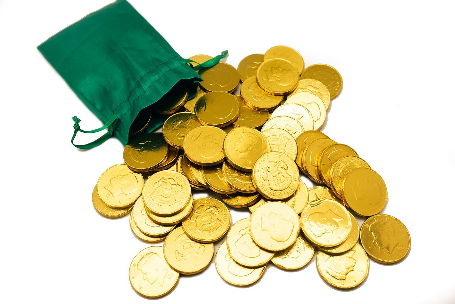 St. Patricks Day Green Pouch w 20 Milk Chocolate Gold Coins - Linen Drawstring Bag - Golden American Half Dollar Coins - St. Paddys Day Wedding and Party Favors