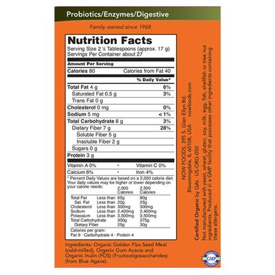 NOW Foods Supplements, Fiber-3, Certified Organic, Non-GMO Project Verified, Psyllium Free, with Organic Golden Flax Meal, Acacia Inulin, 16-Ounce