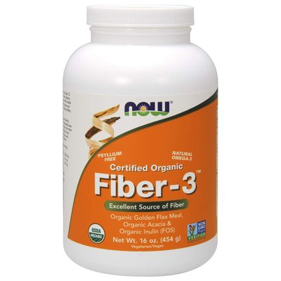 NOW Foods Supplements, Fiber-3, Certified Organic, Non-GMO Project Verified, Psyllium Free, with Organic Golden Flax Meal, Acacia Inulin, 16-Ounce