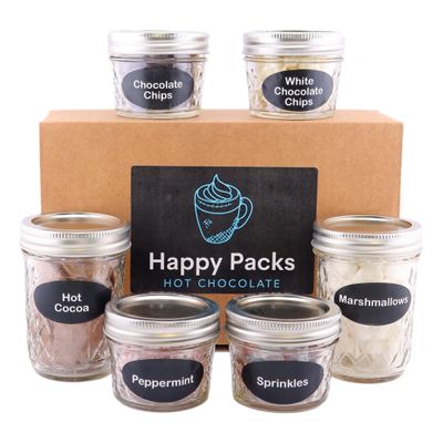 Hot Cocoa Bar Kit by Happy Packs Includes Hot Cocoa Mix, Mini Marshmallows, Crushed Peppermint Candy, Chocolate Chips, White Chocolate Chips Christmas Sprinkles Premium Hot Chocolate Gift Sets