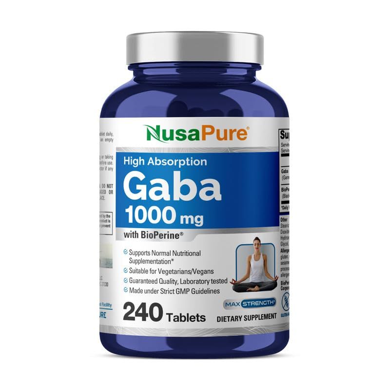 NusaPure GABA 1000 mg 240 Tablets Vegan, Non-GMO, Gluten-Free Bioperine