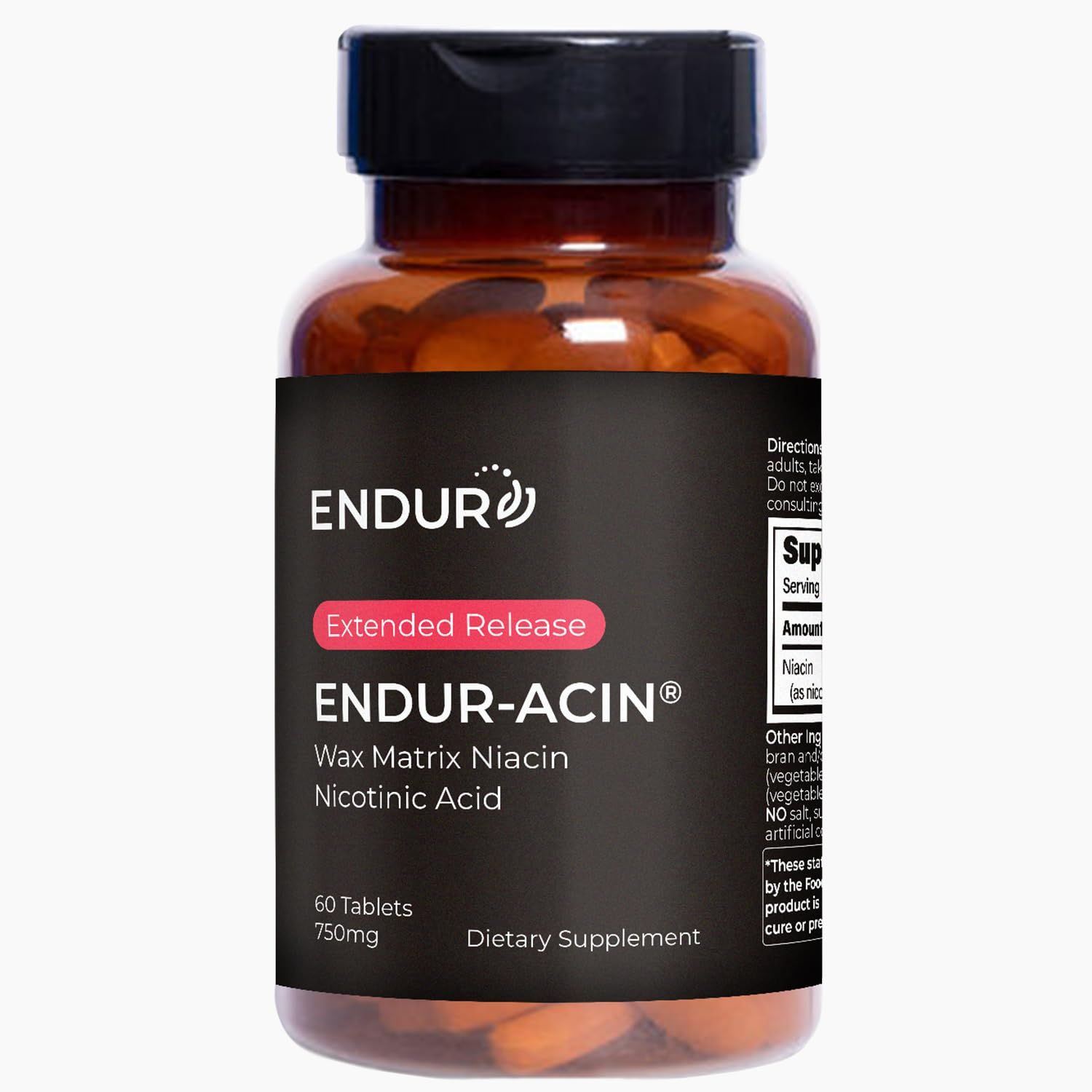 Endurance Products ENDUR-ACIN, Extended Release Niacin for Optimal Absorption Flush Free Niacin, Premium Vitamin B3 Niacin Supplements, 750mg, 60 Tablets