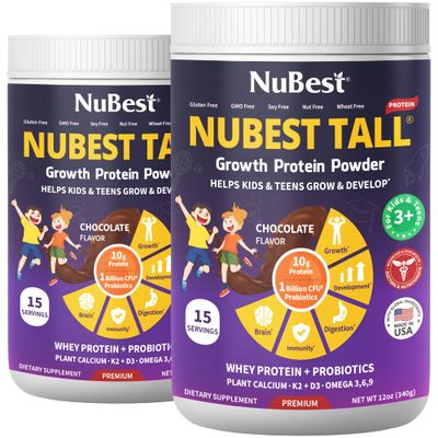 NuBest Tall Protein Powder for Kids Teens - Chocolate Protein Powder with Red Algae Calcium, Probiotics, Omega 3-6-9, Vitamin D3 K2 Magnesium from Marine Algae - Bone Strength Immunity - Pack 2