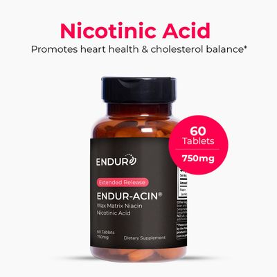 Endurance Products ENDUR-ACIN, Extended Release Niacin for Optimal Absorption Flush Free Niacin, Premium Vitamin B3 Niacin Supplements, 750mg, 60 Tablets