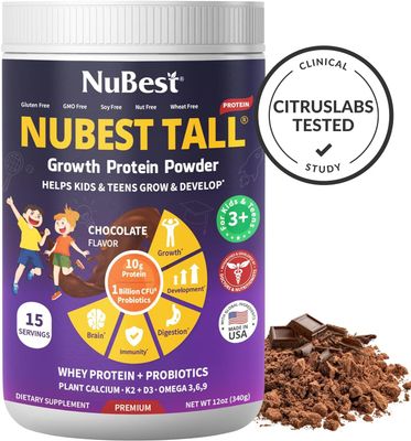 NuBest Tall Protein Powder for Kids Teens - Chocolate Protein Powder with Red Algae Calcium, Probiotics, Omega 3-6-9, Vitamin D3 K2 Magnesium from Marine Algae - Bone Strength Immunity - Pack 2