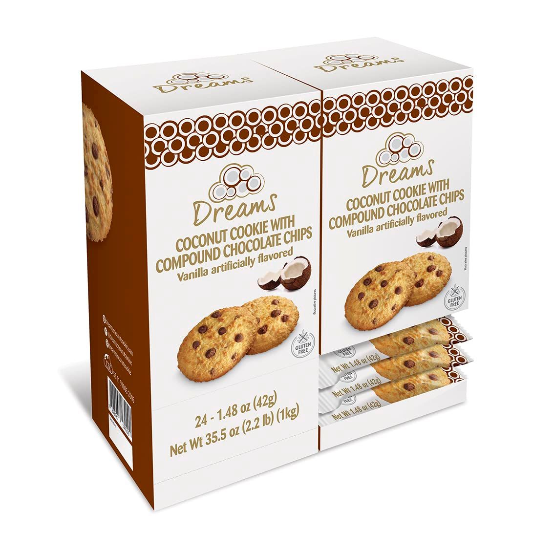 Coconut Cookie with Compound Chocolate Chips - Vegan Snacks, Gluten-Free, Protein and Nutrient Packed - DREAMS COCONUT - 1 box with 24 units x 1.48oz42g, 35.52oz 1008g