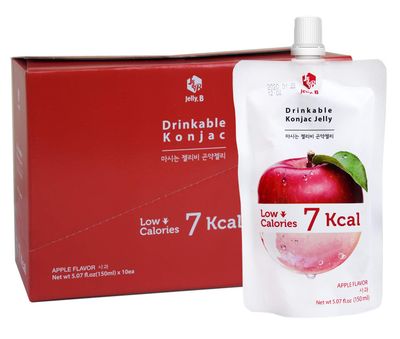 JELLY B Drinkable Konjac Jelly 10 Packs of 150ml - Healthy and Natural Weight Loss Diet Supplement Foods, 0 Gram Sugar, Low Calorie, Only 6 kcal Each Packets, Apple