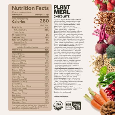 Plant Meal Replacement Shake - Chocolate - 25g of Plant Based Vegan Protein Powder, 76 Organic Superfoods, Vitamins Minerals, Mushrooms, Super Greens, Digestive Enzymes Probiotics - 15 Servings